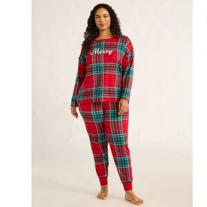 Joyspun 2X Crew Long Sleeve Top Jogger Merry Graphic Front Christmas PJ Set